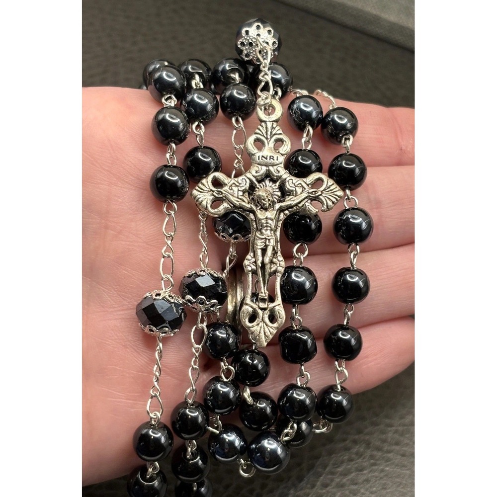 Vintage Silver Plated Black Glass Bead Rosary Necklace Crucifix 30" - With Tags